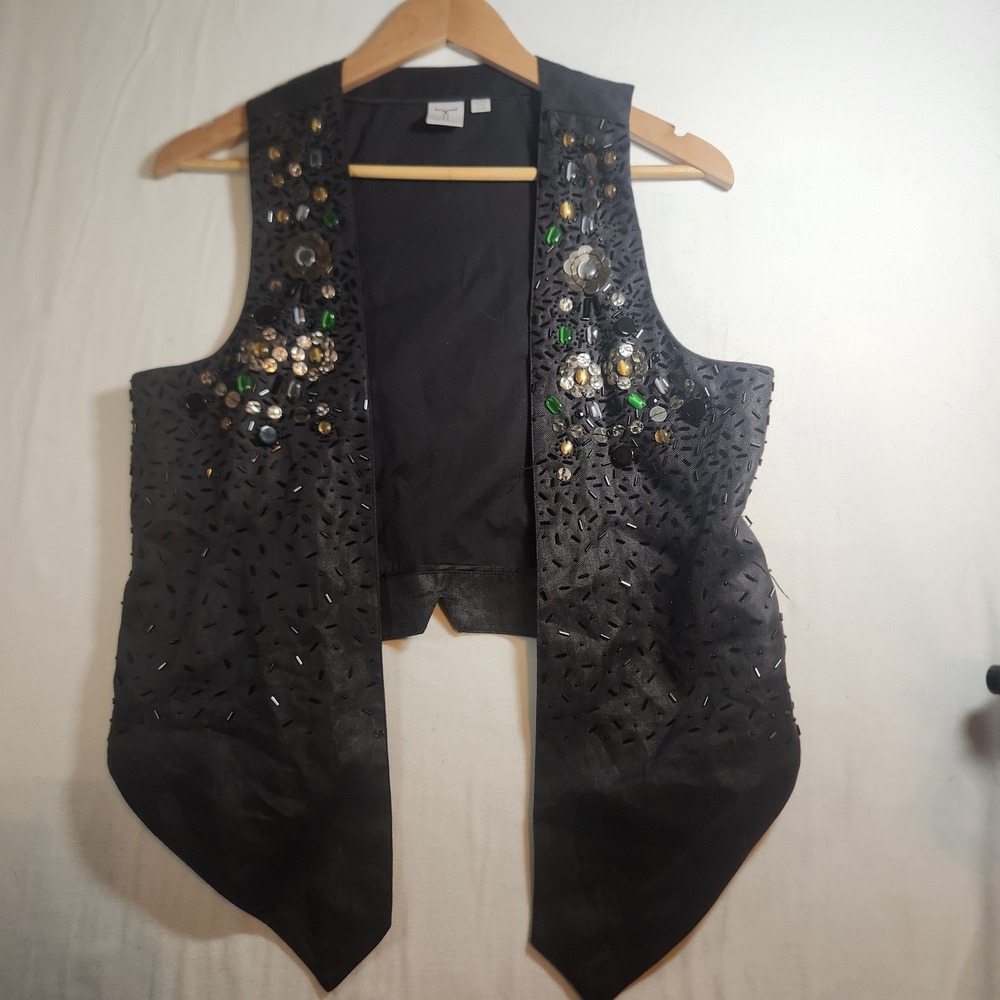 Tristan Black Beaded Sequin Embellished Open‎ Front Vest Womens TG/XL Boho Chic